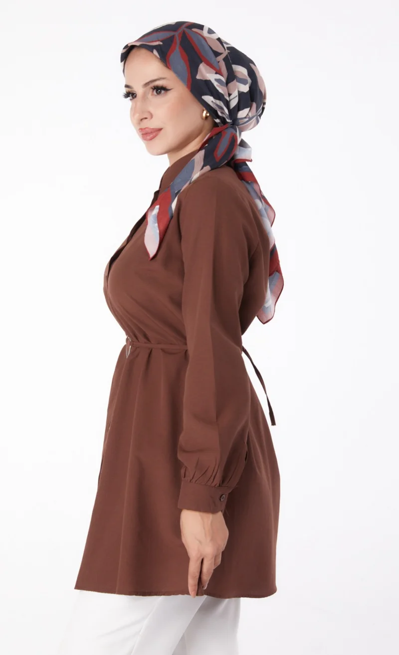 Tofisa Plain Shirt Collar Women's Brown Tunic - 13280