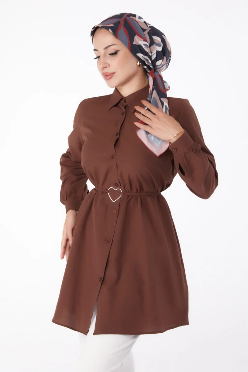 Tofisa Plain Shirt Collar Women's Brown Tunic - 13280