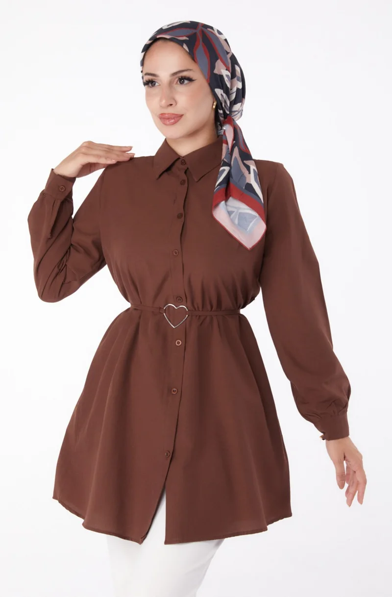 Tofisa Plain Shirt Collar Women's Brown Tunic - 13280