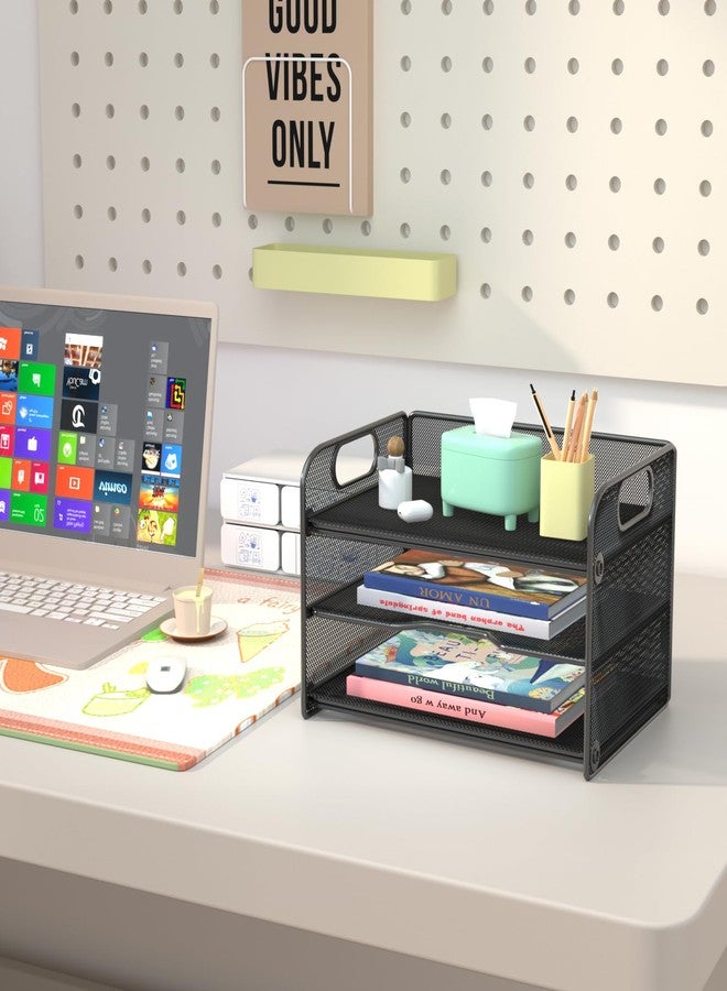 Samstar 2 Pack 3-Tier Letter Tray Paper Organizer with Handle, Mesh Desk Organizer Paper Sorter File Rack Shelves, Black - Image 3