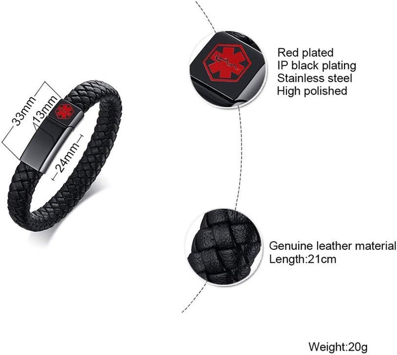 VNOX Blue/Black Braided Leather Cuff Bangle Medical ID Bracelet for Men - Image 1