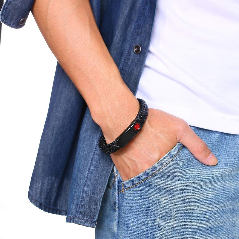 VNOX Blue/Black Braided Leather Cuff Bangle Medical ID Bracelet for Men - Image 3
