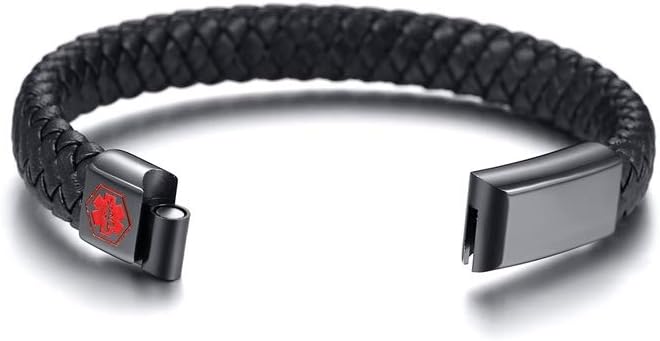VNOX Blue/Black Braided Leather Cuff Bangle Medical ID Bracelet for Men - Image 2