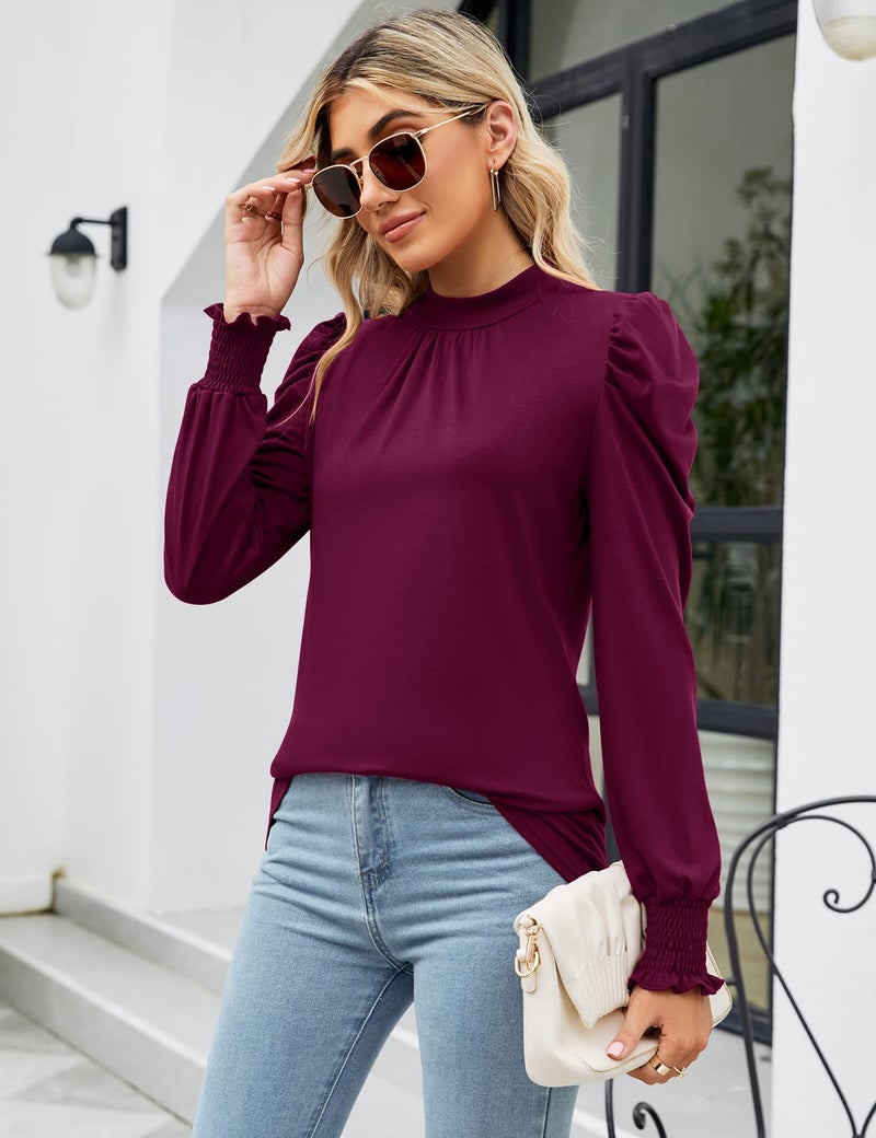 LUYAA Long Sleeve Shirts for Women Smocked Neck Tops Women Puff Sleeve Blouse Work Blouses for Women 2025 Purple Red L - Image 2