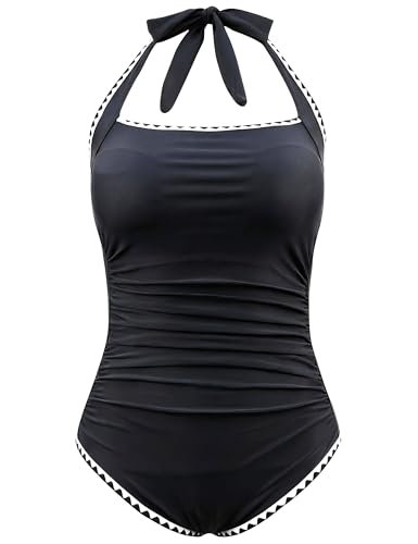 Hilor Women's One Piece Swimsuits Tummy Control Slimming High Waisted Bathing Suit Scalloped Halter 1 Piece Swimsuit Black 10 - Image 4