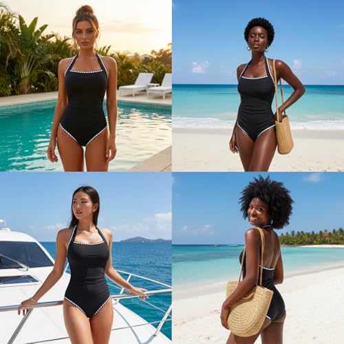 Hilor Women's One Piece Swimsuits Tummy Control Slimming High Waisted Bathing Suit Scalloped Halter 1 Piece Swimsuit Black 10 - Image 2
