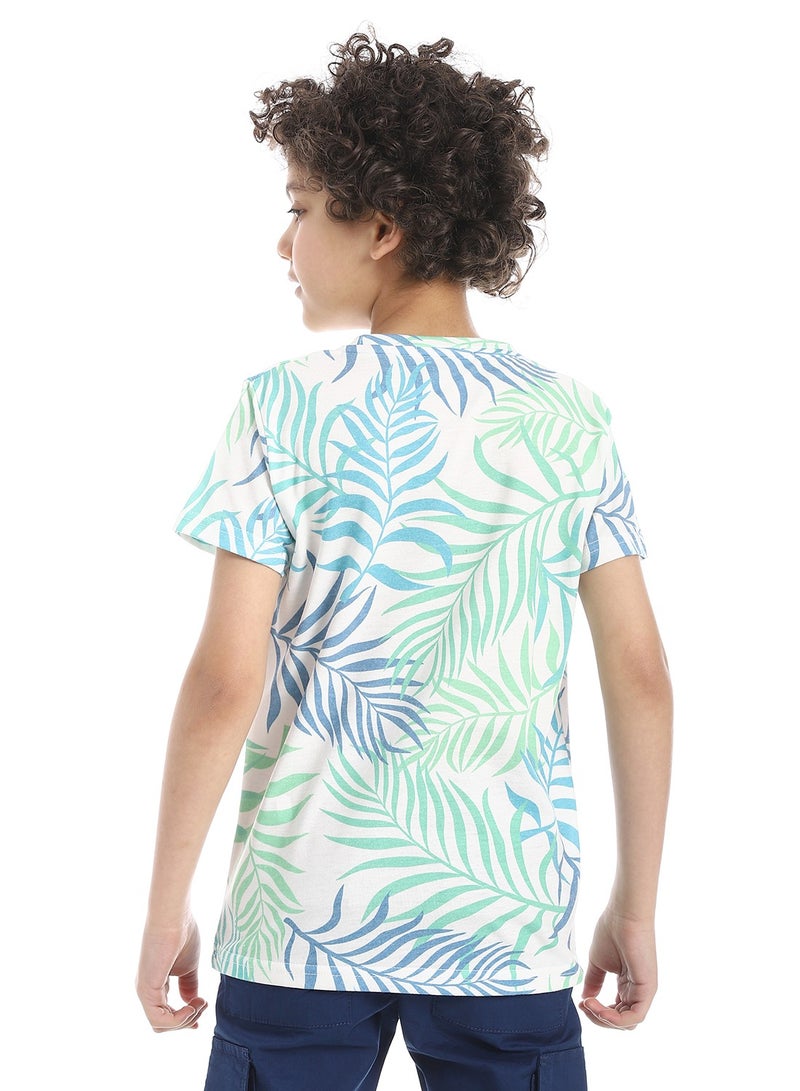 Andora Breezy Leaf Print Cotton Boys T-Shirt_Green , blue & White - Image 2