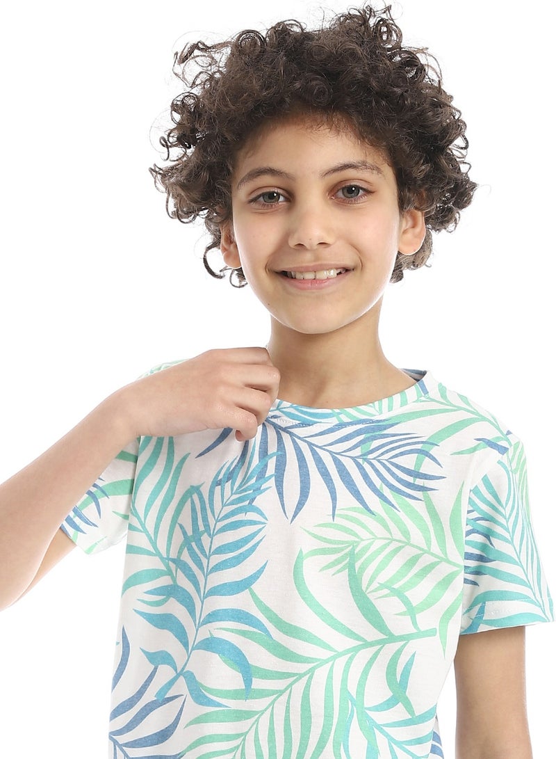 Andora Breezy Leaf Print Cotton Boys T-Shirt_Green , blue & White - Image 4