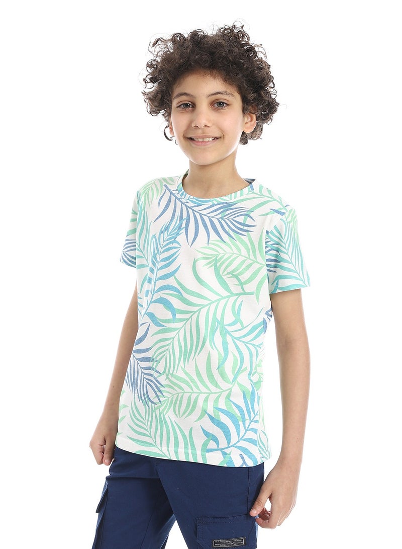 Andora Breezy Leaf Print Cotton Boys T-Shirt_Green , blue & White - Image 1
