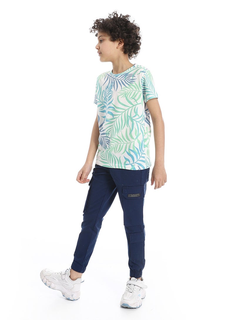 Andora Breezy Leaf Print Cotton Boys T-Shirt_Green , blue & White - Image 3
