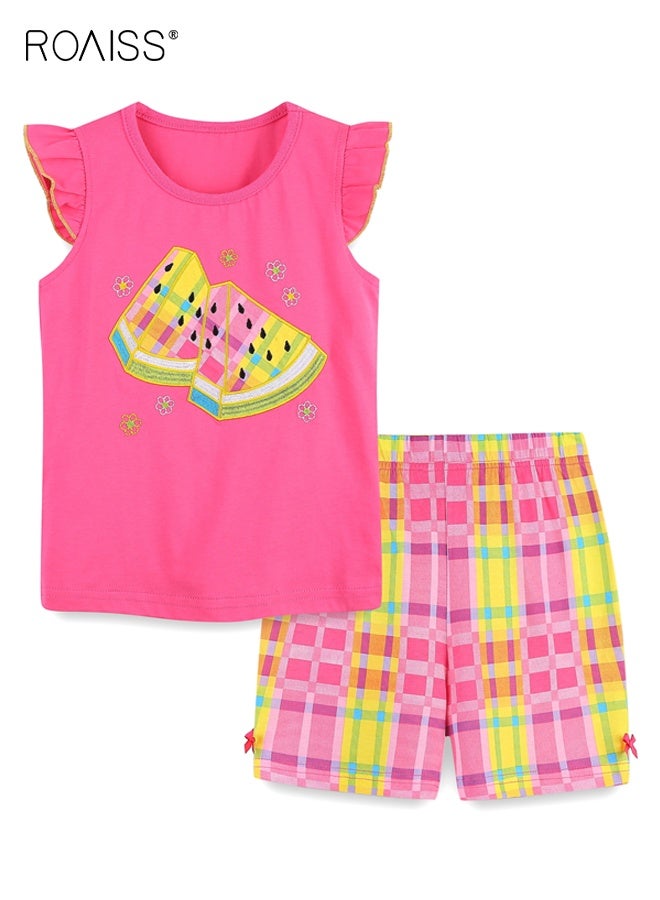 roaiss Toddler Girls Adorable T-shirt and Shorts Set, Stylish Summer Outfit with Sleeveless Top and Plaid Shorts, 2 Piece Comortable Clothing Set for Little Girls  - Image 1