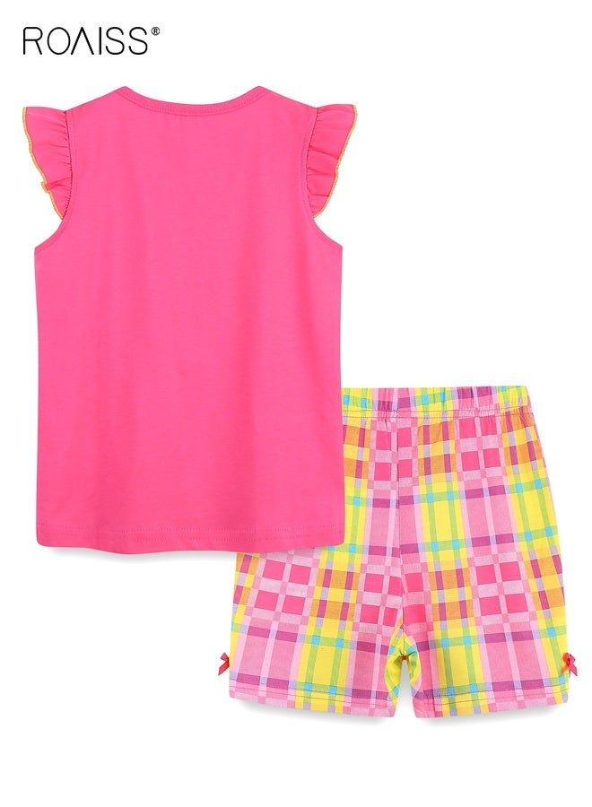 roaiss Girls 2PCS Summer Clothing Set, Adorable T-shirt and Shorts Set for Girls, Stylish Summer Outfit with Sleeveless Top and Plaid Shorts, Suitable for Daily Wear or Any Occasion - Image 3