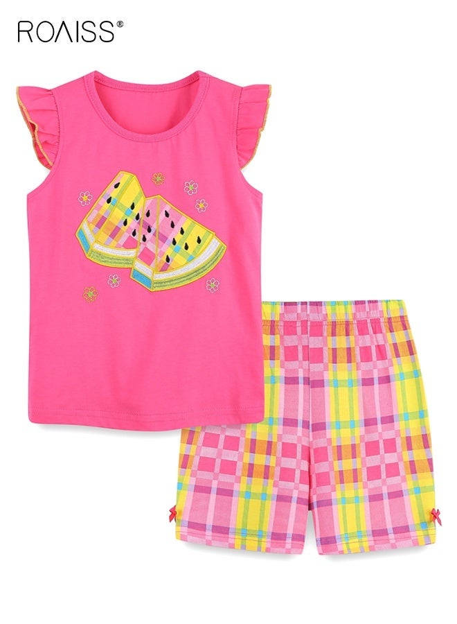 roaiss Girls 2PCS Summer Clothing Set, Adorable T-shirt and Shorts Set for Girls, Stylish Summer Outfit with Sleeveless Top and Plaid Shorts, Suitable for Daily Wear or Any Occasion - Image 2
