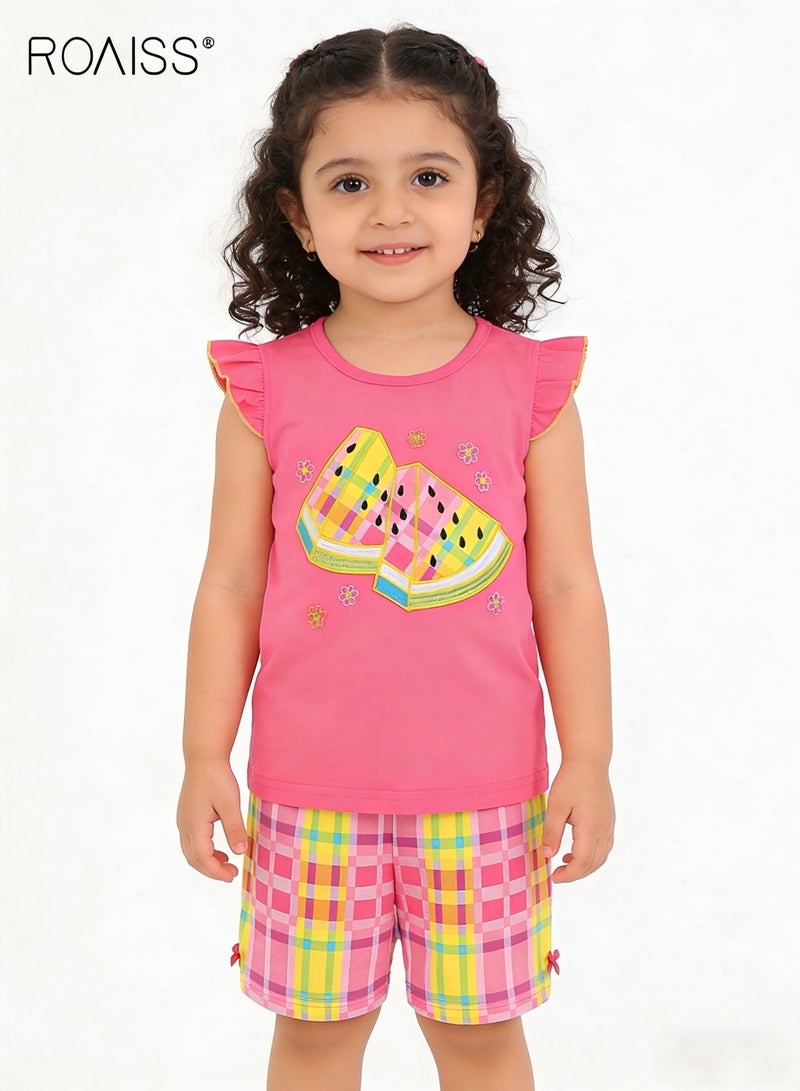 roaiss Girls 2PCS Summer Clothing Set, Adorable T-shirt and Shorts Set for Girls, Stylish Summer Outfit with Sleeveless Top and Plaid Shorts, Suitable for Daily Wear or Any Occasion - Image 1