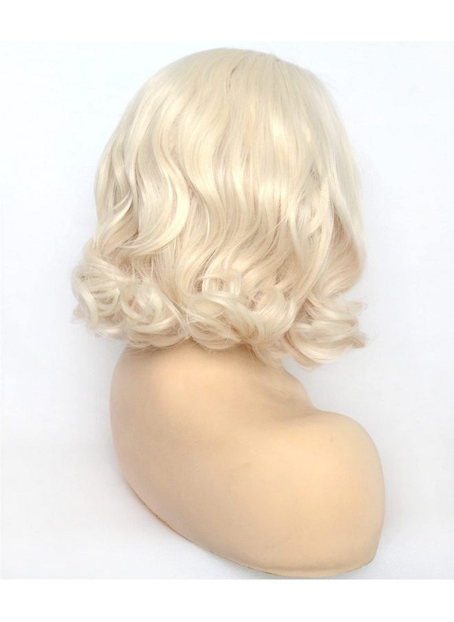 BLUPLE - Platinum Blonde Lace Front Wig Short Bob Style White Blonde 60# Wavy Curly Synthetic Hair Side Part Half Hand Tied Replacement Full Wigs 12 Inches For Women Girls - Image 1