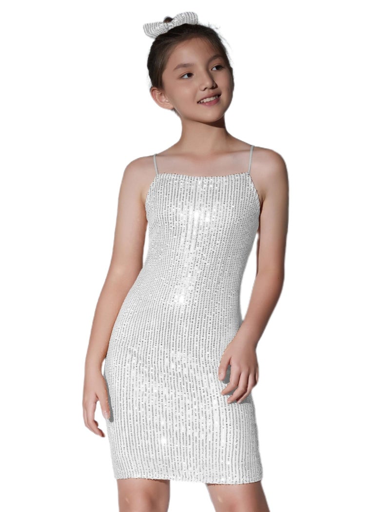EXARUS Girls Sparkly Dress Sequin Homecoming School Dance Party Bodycon Special Occasion Spaghetti Strap Mini Tight Dresses Silver 12Y - Image 1