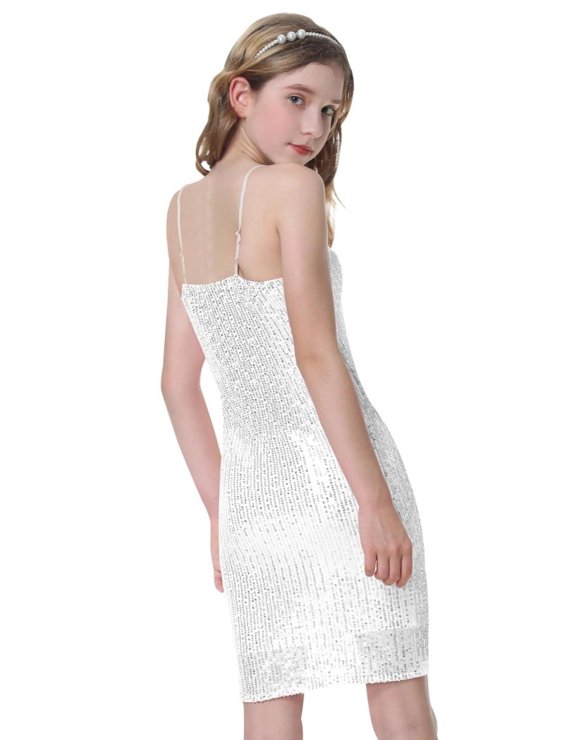 EXARUS Girls Sparkly Dress Sequin Homecoming School Dance Party Bodycon Special Occasion Spaghetti Strap Mini Tight Dresses Silver 12Y - Image 3