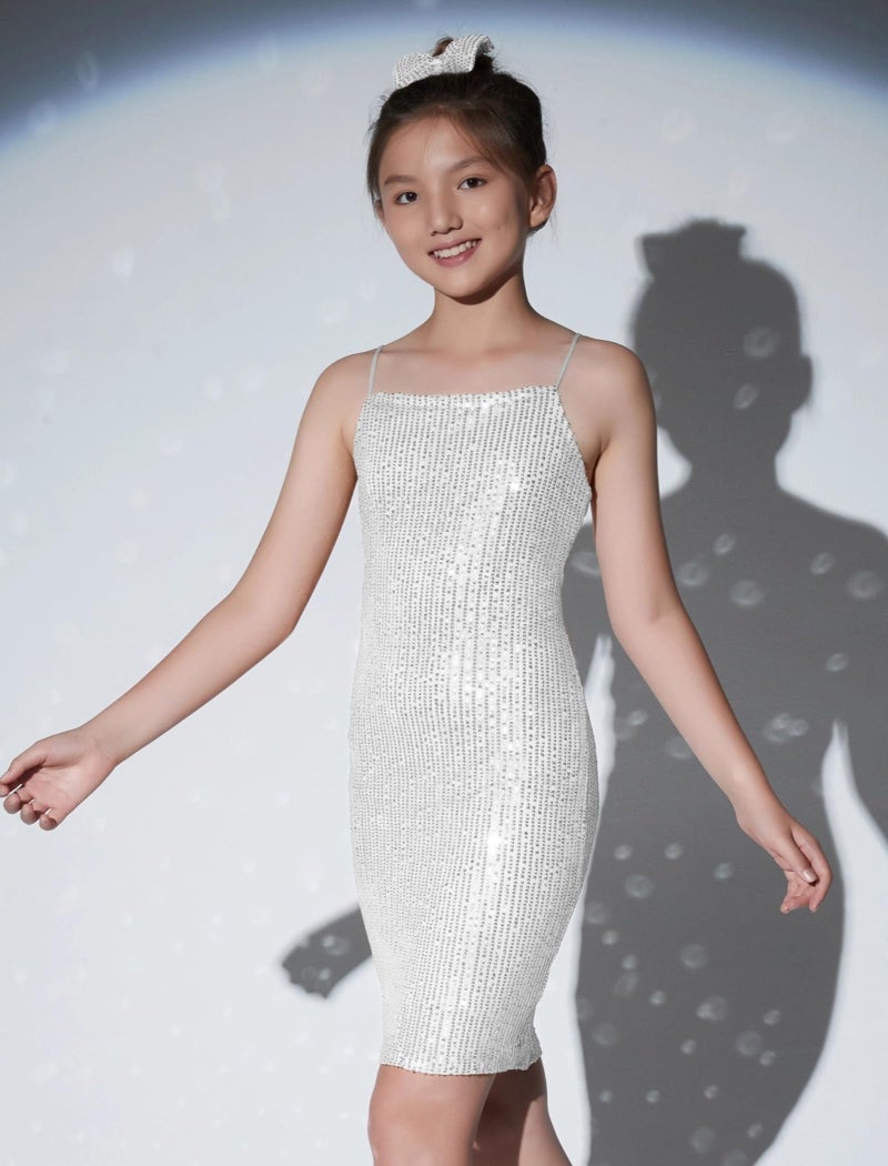 EXARUS Girls Sparkly Dress Sequin Homecoming School Dance Party Bodycon Special Occasion Spaghetti Strap Mini Tight Dresses Silver 12Y - Image 2