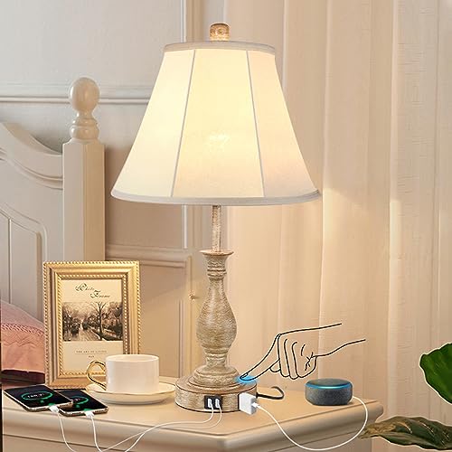 LALISU Farmhouse Table Lamp Touch Control 3-Way Dimmable Table Lamp, Modern Nightstand Lamp with 2 USB Port Bedside Desk Lamp with Fabric Shade for Living Room Bedroom Hotel (Pack 1-Beige Shade) - Image 1