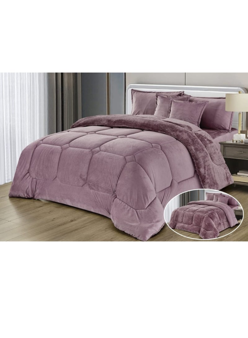 مون مفرش شتوي نفر نظام وجهين وجه مخمل وجه فرو يناس سرير مقاس 120x200  - طقم مفارش 4  قطع ( 1 مفرش + 1 واقي مرتبة مطاط + 2 أغطية وسائد ديكورية ) - Image 1