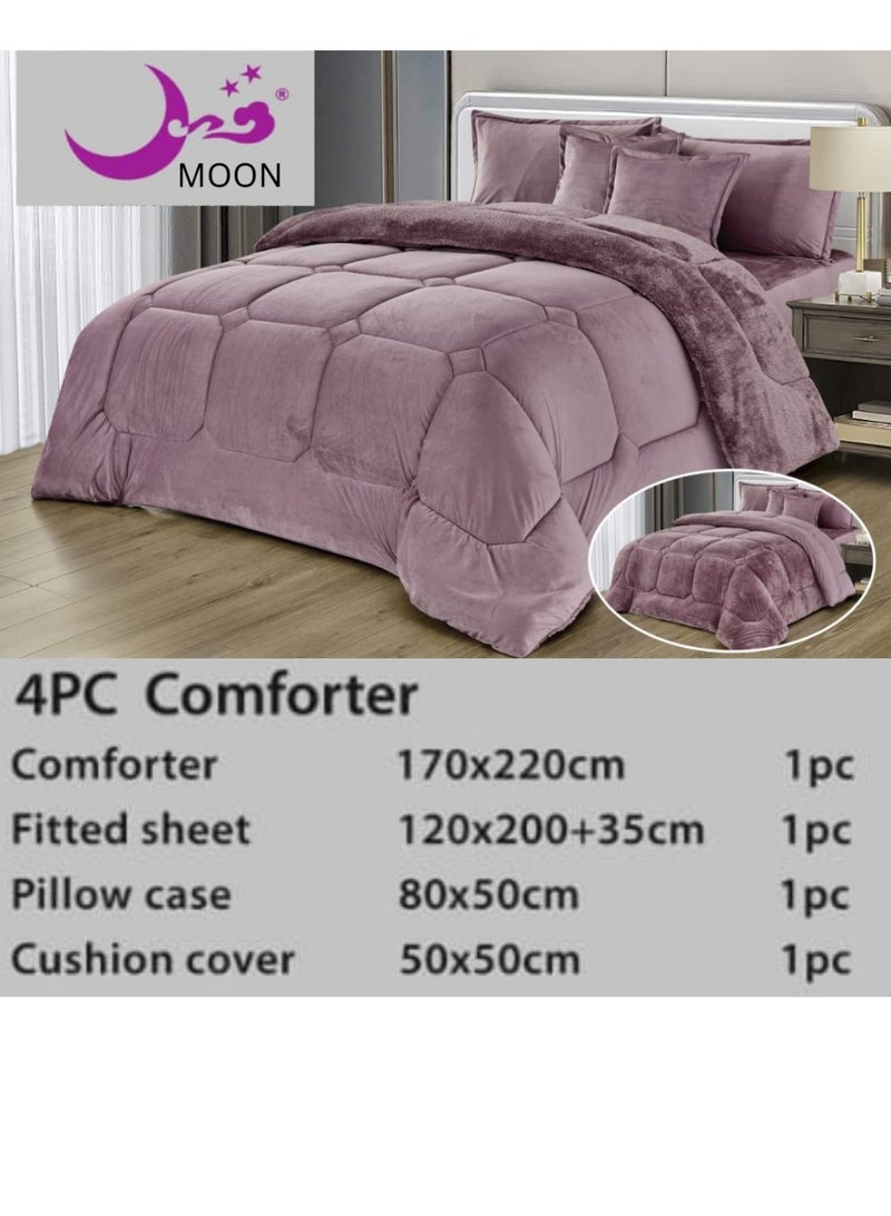مون مفرش شتوي نفر نظام وجهين وجه مخمل وجه فرو يناس سرير مقاس 120x200  - طقم مفارش 4  قطع ( 1 مفرش + 1 واقي مرتبة مطاط + 2 أغطية وسائد ديكورية ) - Image 3