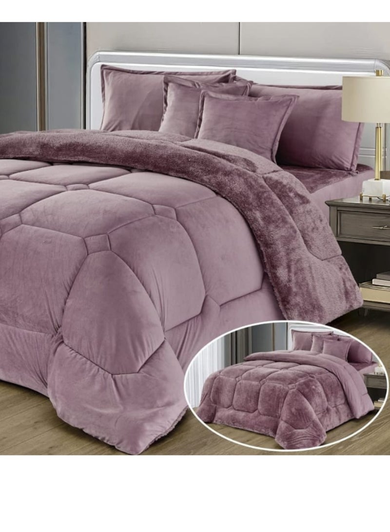 مون مفرش شتوي نفر نظام وجهين وجه مخمل وجه فرو يناس سرير مقاس 120x200  - طقم مفارش 4  قطع ( 1 مفرش + 1 واقي مرتبة مطاط + 2 أغطية وسائد ديكورية ) - Image 2