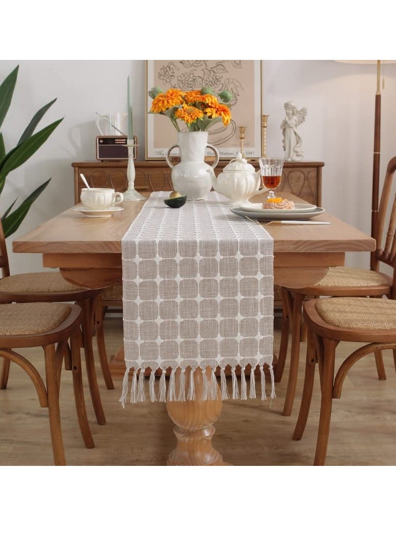 Barakah Table Runner Boho Style, Burlap Linen Handmade Rustic Table Runner, 72 Inches Long Coffee Table Runner for Dining Party Holiday, Decorative for Home Dining Tea Kitchen (Khaki Check, 13*72 Inch) - Image 1