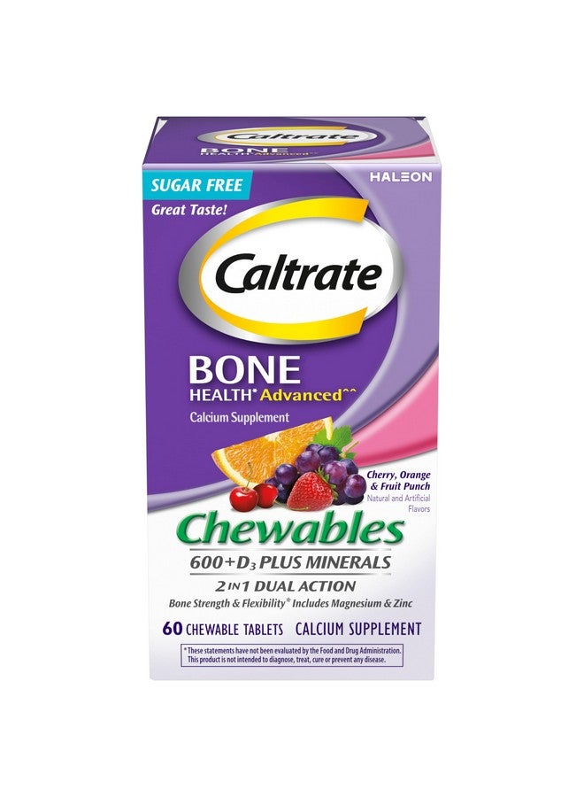 Caltrate Chewables 600 +D3 Plus Minerals Calcium and Vitamin D, Sugar Free, Cherry, Orange and Fruit Punch, 60 Count - Image 1