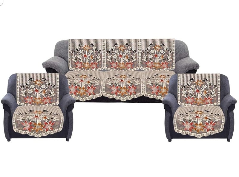 RENVA Cotton Sofa Cover Set for 5 Seater/3 Seater | Floral Printed Sofa Slipcover for Living Room | Soft & Washable Sofa Protector (Coffee, 5 Seater) - Image 1