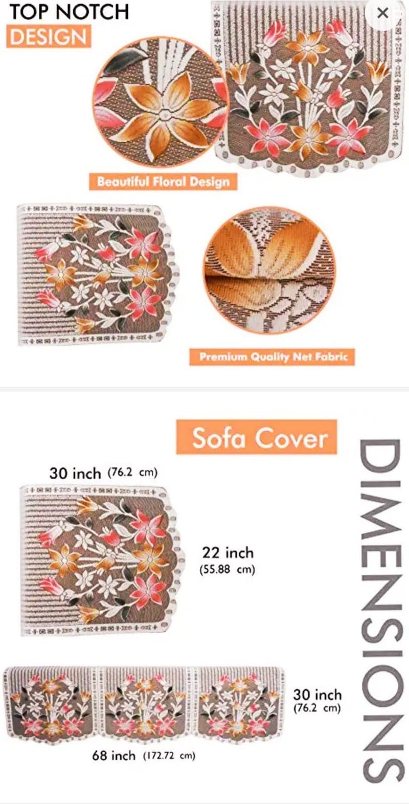 RENVA Cotton Sofa Cover Set for 5 Seater/3 Seater | Floral Printed Sofa Slipcover for Living Room | Soft & Washable Sofa Protector (Coffee, 5 Seater) - Image 2
