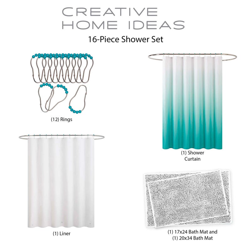 Creative Home Ideas Bathroom Sets with Shower Curtain and Rugs| Shower Curtain Sets with Rugs, Shower Curtain, Liner Set, 2 Chenille Bathmats and 12 Hooks | 70 x72 | White/Turquoise Ombre - Image 2