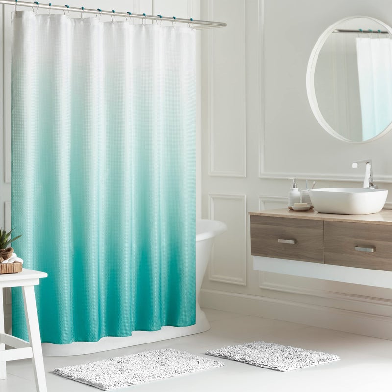 Creative Home Ideas Bathroom Sets with Shower Curtain and Rugs| Shower Curtain Sets with Rugs, Shower Curtain, Liner Set, 2 Chenille Bathmats and 12 Hooks | 70 x72 | White/Turquoise Ombre - Image 1