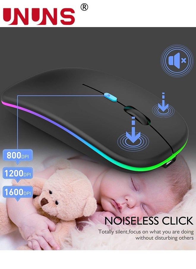UNUNS - Wireless Bluetooth Mouse,LED Rechargeable USB Optical Mouse,Slim Silent Dual Mode BT5.2/2.4G Computer Mice,Quick Precise Responsiveness Control Laptop/PC/Mac OS/Android/Windows,Black - Image 1