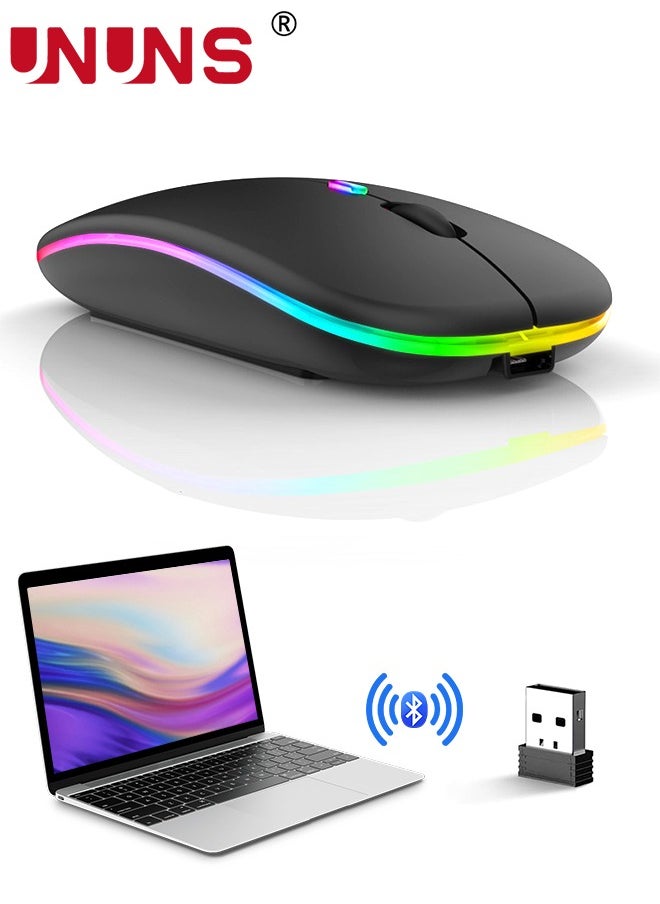 UNUNS - Wireless Bluetooth Mouse,LED Rechargeable USB Optical Mouse,Slim Silent Dual Mode BT5.2/2.4G Computer Mice,Quick Precise Responsiveness Control Laptop/PC/Mac OS/Android/Windows,Black - Image 1