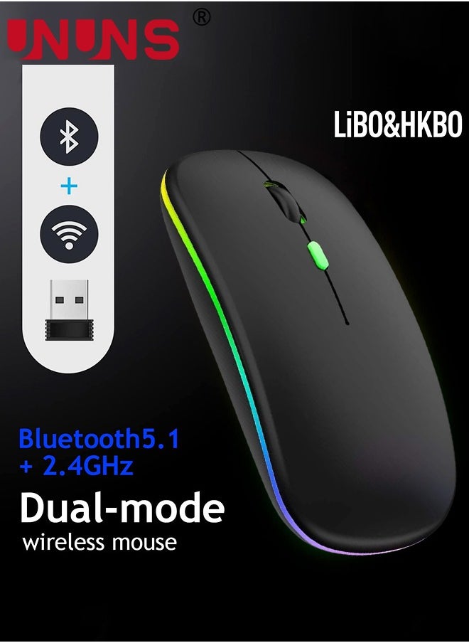 UNUNS - Wireless Bluetooth Mouse,LED Rechargeable USB Optical Mouse,Slim Silent Dual Mode BT5.2/2.4G Computer Mice,Quick Precise Responsiveness Control Laptop/PC/Mac OS/Android/Windows,Black - Image 1