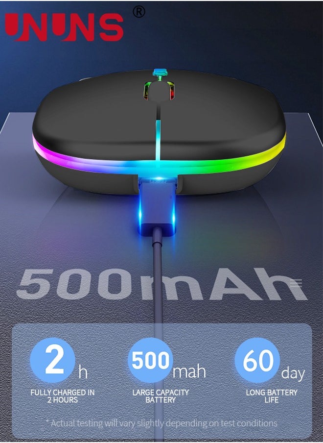 UNUNS - Wireless Bluetooth Mouse,LED Rechargeable USB Optical Mouse,Slim Silent Dual Mode BT5.2/2.4G Computer Mice,Quick Precise Responsiveness Control Laptop/PC/Mac OS/Android/Windows,Black - Image 1