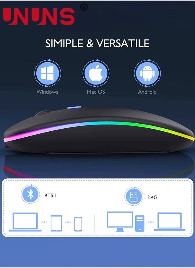 UNUNS - Wireless Bluetooth Mouse,LED Rechargeable USB Optical Mouse,Slim Silent Dual Mode BT5.2/2.4G Computer Mice,Quick Precise Responsiveness Control Laptop/PC/Mac OS/Android/Windows,Black - Image 1