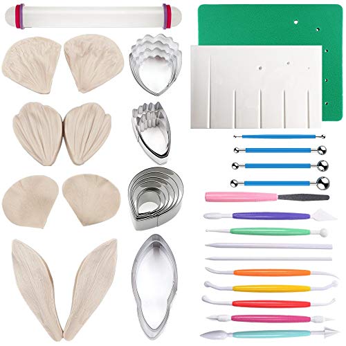 Colorkitchenware Gum Paste Flowers and Leaves Fondant Tools Kit-4set Gumpaste Flower Cutter 4set Fondant Flower Silicone Molds 1 Veining Board 1 Foam Pad 7 Modelling Tools 4 Ball Tools 1 Rolling Pin - Image 1