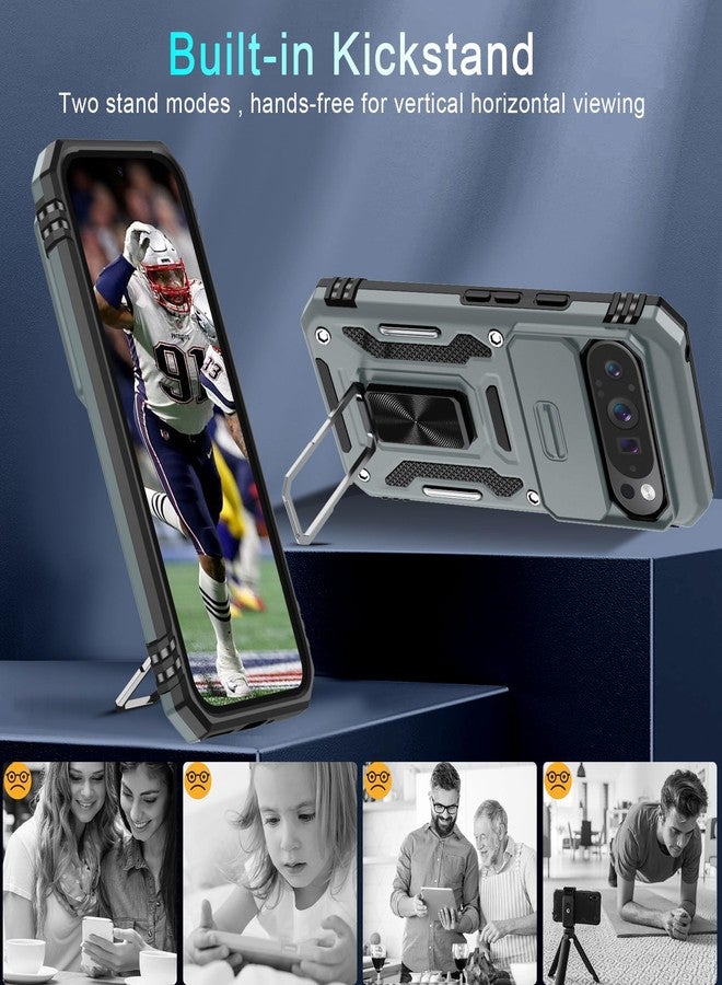 DEERLAMN جراب DEERLAMN لهاتف Google Pixel 9 Pro XL مع غطاء كاميرا منزلق + واقي شاشة (عبوة واحدة)، غطاء حماية مقاوم للصدمات بمسند حلقي دوار - رمادي - Image 4