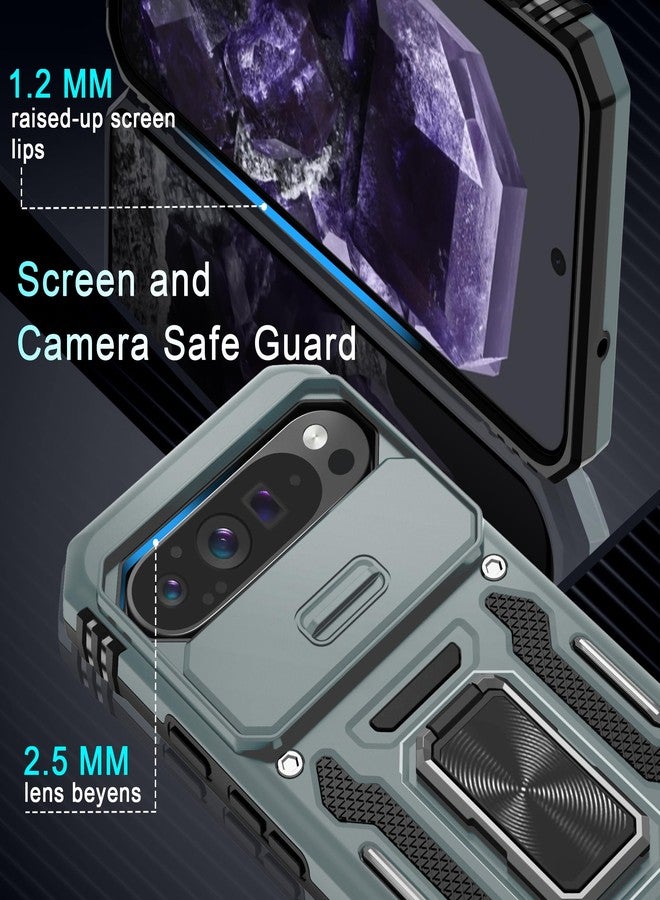 DEERLAMN جراب DEERLAMN لهاتف Google Pixel 9 Pro XL مع غطاء كاميرا منزلق + واقي شاشة (عبوة واحدة)، غطاء حماية مقاوم للصدمات بمسند حلقي دوار - رمادي - Image 5