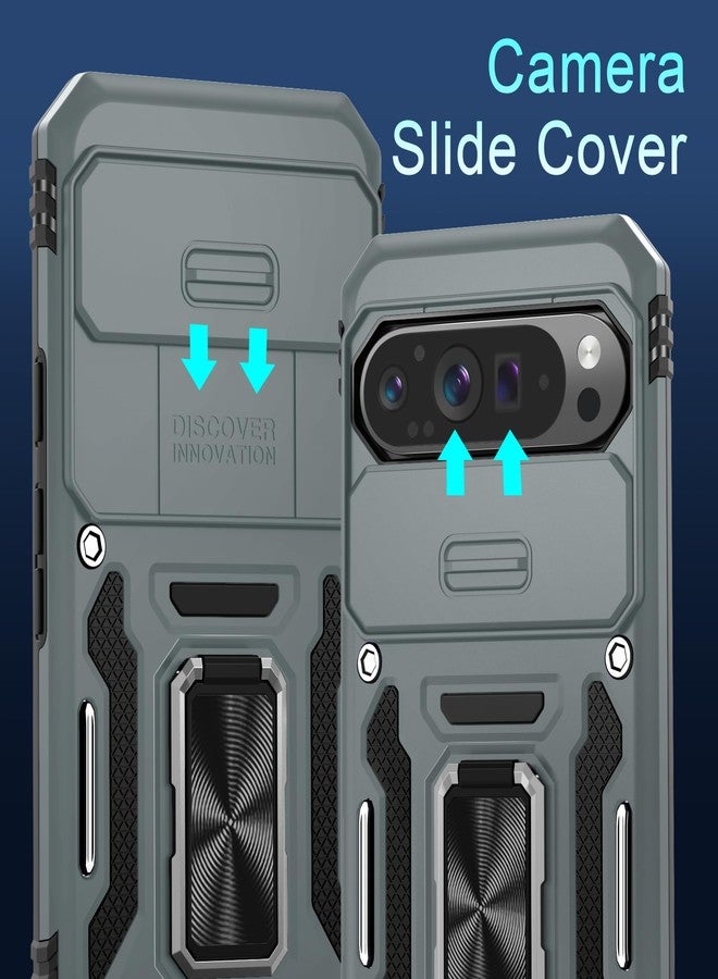DEERLAMN جراب DEERLAMN لهاتف Google Pixel 9 Pro XL مع غطاء كاميرا منزلق + واقي شاشة (عبوة واحدة)، غطاء حماية مقاوم للصدمات بمسند حلقي دوار - رمادي - Image 2