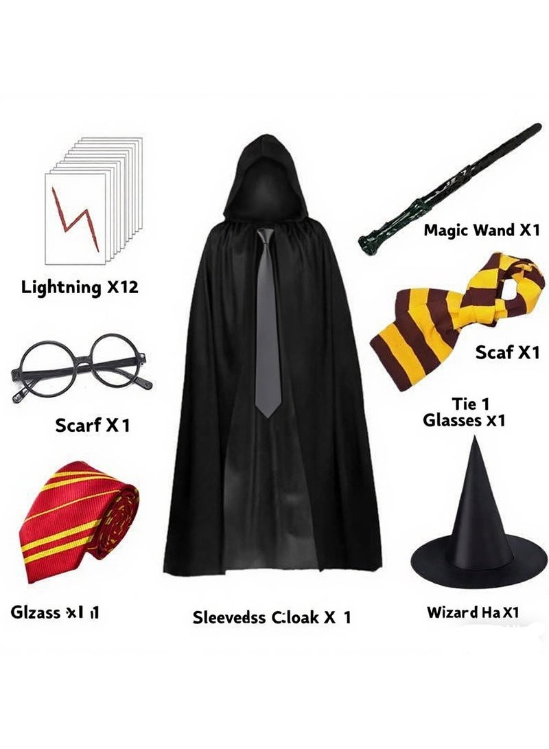 JAYATO طقم 7 قطع من أزياء هاري بوتر للكوسبلاي للبالغين والأطفال والمراهقين عباءة البرق ربطة عنق وشال صغير إطار نظارات عصا سحرية قبعة سحرية حجم متوسط - Image 1