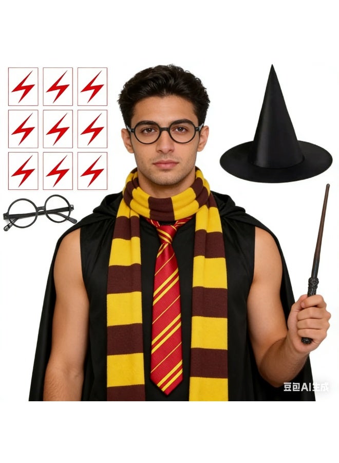JAYATO طقم 7 قطع من أزياء هاري بوتر للكوسبلاي للبالغين والأطفال والمراهقين عباءة البرق ربطة عنق وشال صغير إطار نظارات عصا سحرية قبعة سحرية حجم متوسط - Image 2