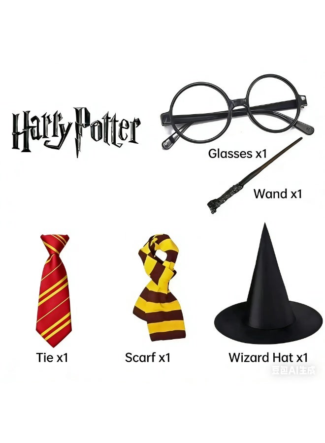 JAYATO طقم 7 قطع من أزياء هاري بوتر للكوسبلاي للبالغين والأطفال والمراهقين عباءة البرق ربطة عنق وشال صغير إطار نظارات عصا سحرية قبعة سحرية حجم متوسط - Image 3