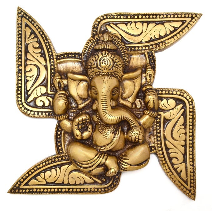 BRASS GANESHA SWASTIKA WALL HANGING BRASS GANESHA FOR DECOR 7 X 7 INCHES YELLOW