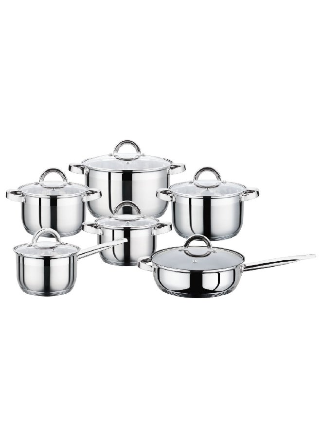 12-Piece Durable High Quality Cookware Set with Glass Lid Silver and Clear 23.5 x 27.5 x 53.5 cm PF-SL