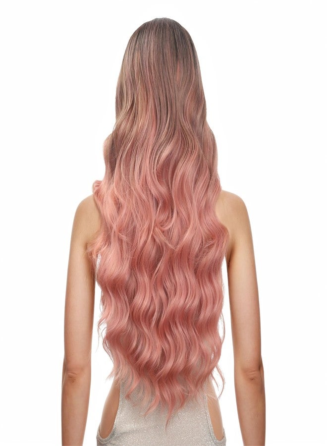 FUTAI Long Wavy Wig 30 Inch Ombre Pink HD Front Lace Body Curly Synthetic Hair Wigs for Women Professional Female Diverse Styles Daily Party Cosplay - Image 3