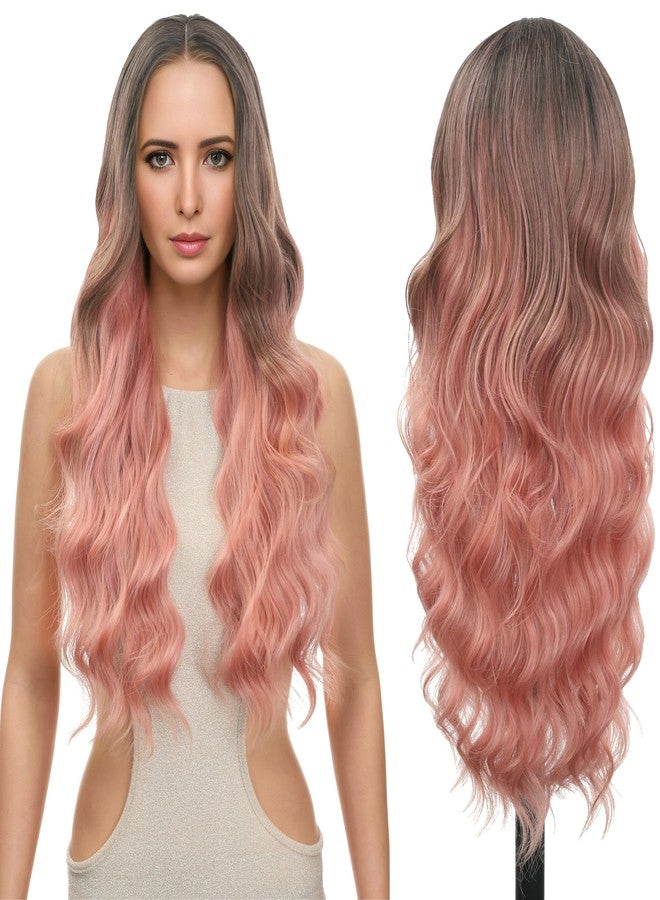 FUTAI Long Wavy Wig 30 Inch Ombre Pink HD Front Lace Body Curly Synthetic Hair Wigs for Women Professional Female Diverse Styles Daily Party Cosplay - Image 1