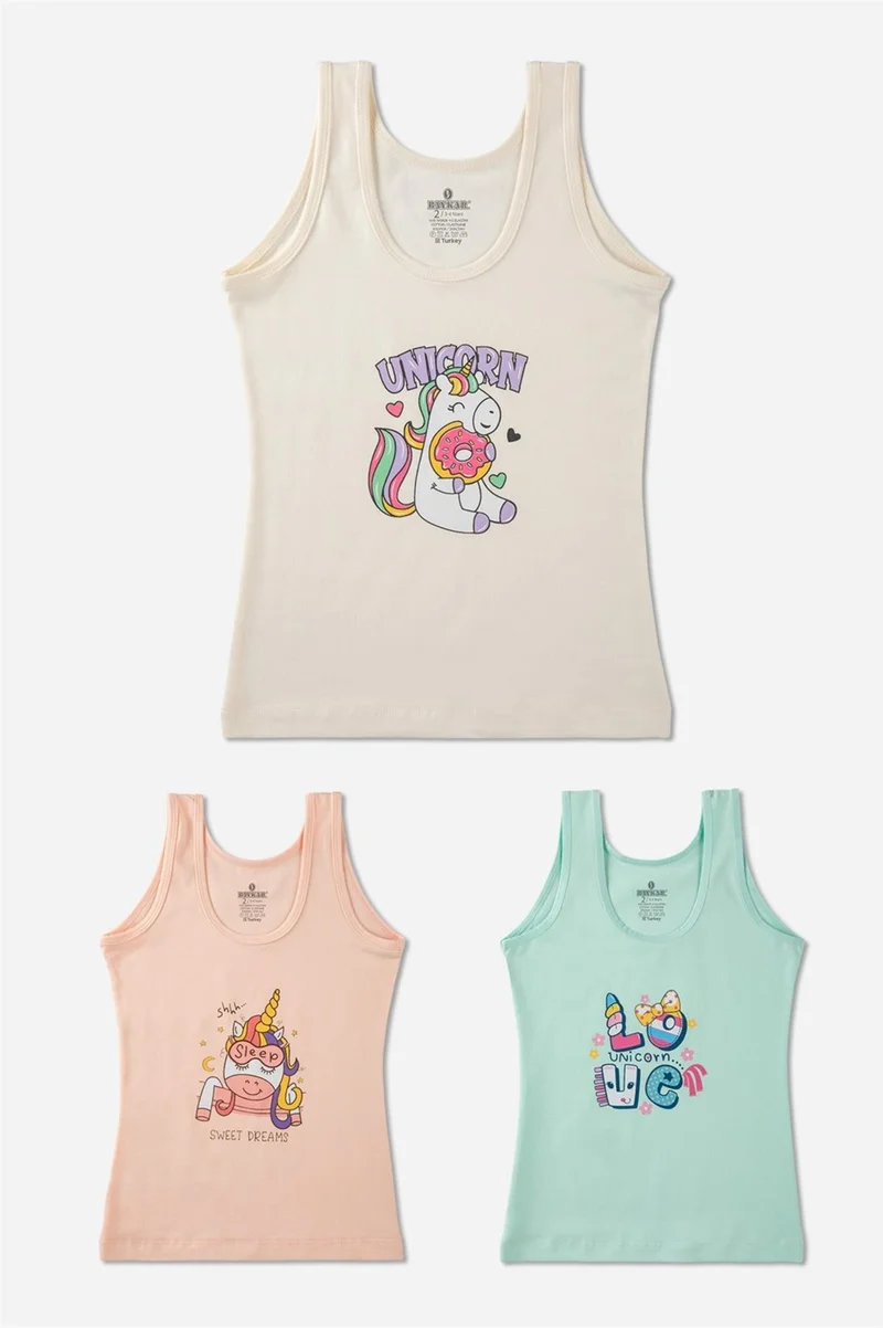 Baykar Girls Cotton Thick Strap Colorful Printed Classic Undershirt 3-Pack 4692 Colorful