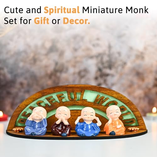 HindCraft Set of 4 Little Buddha Baby Monk Showpieces – Valentine Gift for Joy & Positivity | Cartoon-Style Monks with Decorative Wooden Base | Perfect for Home, Car Dashboard & Festive Gifting - Image 5